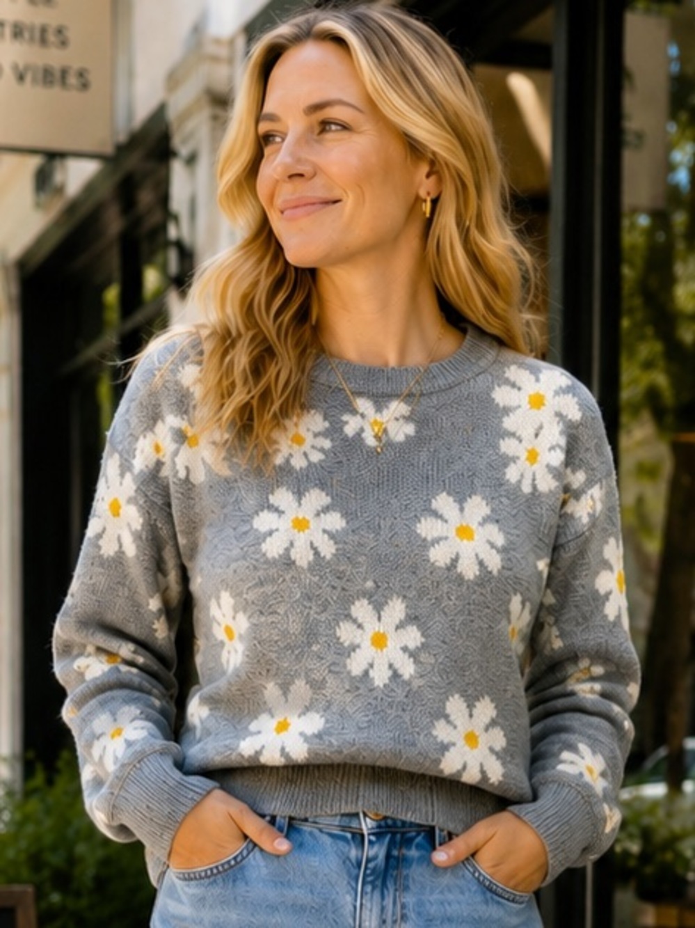 Aster Women’s Floral Crewneck Gray White Knit Casual Sweater Crop Top Winter S